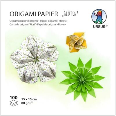 Ursus 2298 55 03 Papier do origami "Blossoms", żółty/zielony, 100 arkuszy, 80 g/m², 15 x 15 cm, 7 różnych motywów, z dwustronnym nadrukiem, z instrukcją składania, papier do rękodzieła Ursus 2298 55 03 Papier do origami "Blossoms", żółty/zielony, 100 arkuszy, 80 g/m², 15 x 15 cm, 7 różnych motywów, z dwustronnym nadrukiem, z instrukcją składania, papier do rękodzieła