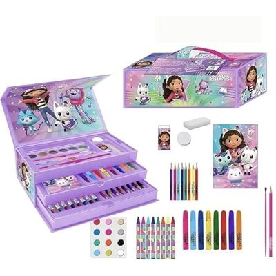 2700001765 Gabby's Dollhouse kolorowy zestaw papeterii kompletny zestaw szkolny z markerami, kredkami i akcesoriami ozdobionymi postaciami z serii dla kreatywnych dzieci, Aktówka Dollhouse Gabby 2700001765 Gabby's Dollhouse kolorowy zestaw papeterii kompletny zestaw szkolny z markerami, kredkami i akcesoriami ozdobionymi postaciami z serii dla kreatywnych dzieci, Aktówka Dollhouse Gabby