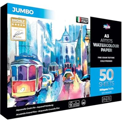 Zieler Jumbo drobnoziarnisty teksturowany papier akwarelowy A3 – firmy ® 50 arkuszy, 300 g/m² / 63,5 kg, krajobraz A3. Idealny do namaczania i maskowania. Wyprodukowano w Wielkiej Brytanii – bez mieszanki FSC i kwasów. Zawiera arkusz końcówki startowej (A Zieler Jumbo drobnoziarnisty teksturowany papier akwarelowy A3 – firmy ® 50 arkuszy, 300 g/m² / 63,5 kg, krajobraz A3. Idealny do namaczania i maskowania. Wyprodukowano w Wielkiej Brytanii – bez mieszanki FSC i kwasów. Zawiera arkusz końcówki startowej (A