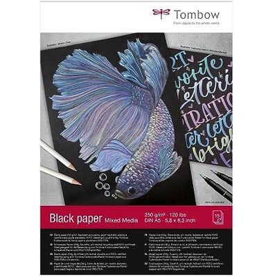 Tombow Black Paper, blok rysunkowy, DIN A5, 15 arkuszy, 250 g/m², multimedia mieszane, bezkwasowe, neutralne pH, czarny Tombow Black Paper, blok rysunkowy, DIN A5, 15 arkuszy, 250 g/m², multimedia mieszane, bezkwasowe, neutralne pH, czarny