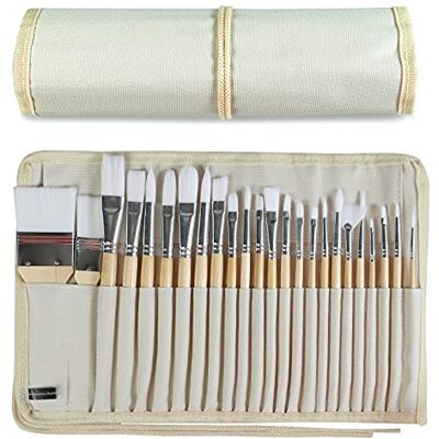 KEVIN&SASA CRAFTS Zestaw 24 pędzli do malowania drewnianymi uchwytami, z płóciennym etui na pędzle, profesjonalne do malowania olejnego, akrylowego i akwareli KEVIN&SASA CRAFTS Zestaw 24 pędzli do malowania drewnianymi uchwytami, z płóciennym etui na pędzle, profesjonalne do malowania olejnego, akrylowego i akwareli