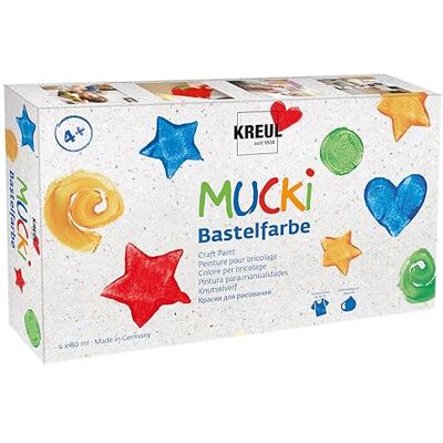 KREUL 24160 Farba do rękodzieła Mucki, 6 x 80 ml w kolorze białym, żółtym, czerwonym, niebieskim, zielonym i czarnym, farba dla dzieci na bazie wody, bez parabenów, bez glutenu, bez laktozy KREUL 24160 Farba do rękodzieła Mucki, 6 x 80 ml w kolorze białym, żółtym, czerwonym, niebieskim, zielonym i czarnym, farba dla dzieci na bazie wody, bez parabenów, bez glutenu, bez laktozy
