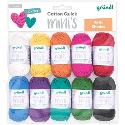 Gründl Wełna Cotton Quick Mini Shades – cienka wełna do szydełkowania małych figurek – błyszcząca i przyjazna dla skóry – 100% bawełny – 10 mini kłębków 15 g / 37 m – grubość drutów 3-4 – kolorowa Gründl Wełna Cotton Quick Mini Shades – cienka wełna do szydełkowania małych figurek – błyszcząca i przyjazna dla skóry – 100% bawełny – 10 mini kłębków 15 g / 37 m – grubość drutów 3-4 – kolorowa