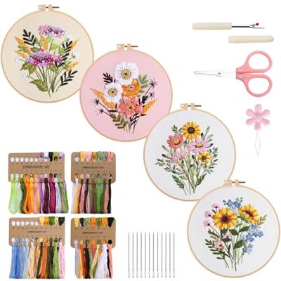 VynyQoo 4pcs Zestaw do Haftowania dla Początkujących, zestawy startowych do haftowania, zestawy startowych do haftowania dla dorosłych, Zestaw do haftu z kwiatowym wzorami i instrukcjami VynyQoo 4pcs Zestaw do Haftowania dla Początkujących, zestawy startowych do haftowania, zestawy startowych do haftowania dla dorosłych, Zestaw do haftu z kwiatowym wzorami i instrukcjami