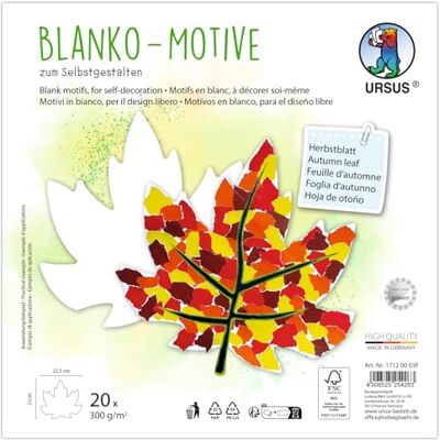 Ursus 1712 00 03F Puste motywy "Jesienny liść", 20 sztuk wykonanych z kartonu fotograficznego 300 g/m², 22,5 x 21 cm, papier DIY do kolorowania, naklejania, wycinania i samodzielnego projektowania Ursus 1712 00 03F Puste motywy "Jesienny liść", 20 sztuk wykonanych z kartonu fotograficznego 300 g/m², 22,5 x 21 cm, papier DIY do kolorowania, naklejania, wycinania i samodzielnego projektowania