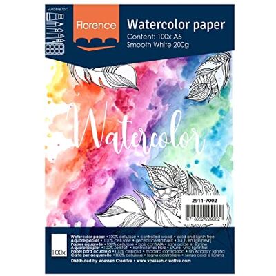 Creative Florence 2911-7002 papier akwarelowy, format A5, biały, gramatura 200 g/m², gładki papier, 100 arkuszy do malowania akwarelowego, ręcznego pisania i literowania bruzdowego, drewna, Creative Florence 2911-7002 papier akwarelowy, format A5, biały, gramatura 200 g/m², gładki papier, 100 arkuszy do malowania akwarelowego, ręcznego pisania i literowania bruzdowego, drewna,