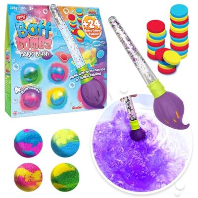 ZIMPLI Baff Bombz Magic Brush, 4 × bomby do kąpieli i 24 × tabletki koloryzujące, magiczna różdżka, kreatywna zabawka, która magicznie maluje wodę w wannie ZIMPLI Baff Bombz Magic Brush, 4 × bomby do kąpieli i 24 × tabletki koloryzujące, magiczna różdżka, kreatywna zabawka, która magicznie maluje wodę w wannie