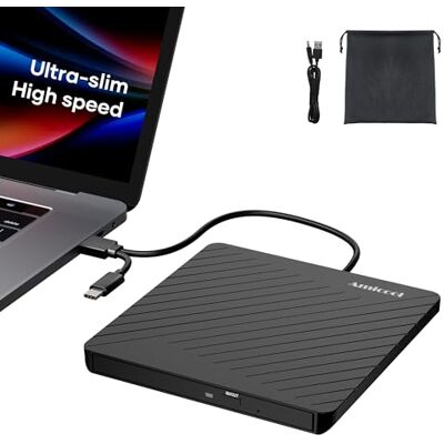 Amicool Zewnętrzny napęd CD/DVD Nagrywarka DVD USB 3.0 USB-C Ultra Slim Podwójny zasilacz USB napęd optyczny do MacBooka, iMaca, laptopa i komputera stacjonarnego Windows 11/10/8/7, macOS Amicool Zewnętrzny napęd CD/DVD Nagrywarka DVD USB 3.0 USB-C Ultra Slim Podwójny zasilacz USB napęd optyczny do MacBooka, iMaca, laptopa i komputera stacjonarnego Windows 11/10/8/7, macOS