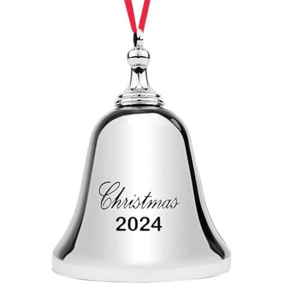 Holiday Jingle Ozdoba bożonarodzeniowa 2024 elegancki srebrny dzwonek bożonarodzeniowy 2024 z czerwoną wstążką. Dzwonek 2024 Holiday Jingle Ozdoba bożonarodzeniowa 2024 elegancki srebrny dzwonek bożonarodzeniowy 2024 z czerwoną wstążką. Dzwonek 2024