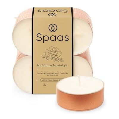 Spaas Maxi zapachowe świece herbaciane w szkle w kolorze różowego złota, płaskie opakowanie x 8, 10h Nighttime Nostalgia Spaas Maxi zapachowe świece herbaciane w szkle w kolorze różowego złota, płaskie opakowanie x 8, 10h Nighttime Nostalgia