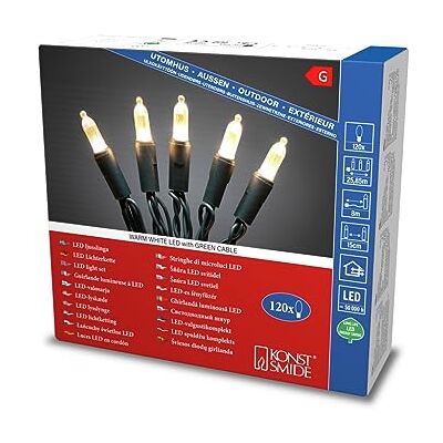 Konstsmide Mini łańcuch świetlny LED, 120 diod o barwie ciepłej bieli, transformator zewnętrzny 24 V, zielony kabel Konstsmide Mini łańcuch świetlny LED, 120 diod o barwie ciepłej bieli, transformator zewnętrzny 24 V, zielony kabel
