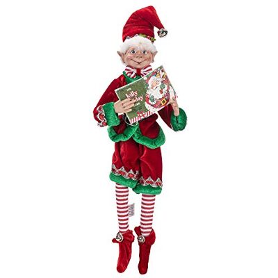 RAZ Imports Posable Christmas Elf, 40 cm wysokości, czerwony i zielony aksamitny strój z książką Świętego Mikołaja, kolekcja świąteczna z motywem gry renifera 2019 RAZ Imports Posable Christmas Elf, 40 cm wysokości, czerwony i zielony aksamitny strój z książką Świętego Mikołaja, kolekcja świąteczna z motywem gry renifera 2019