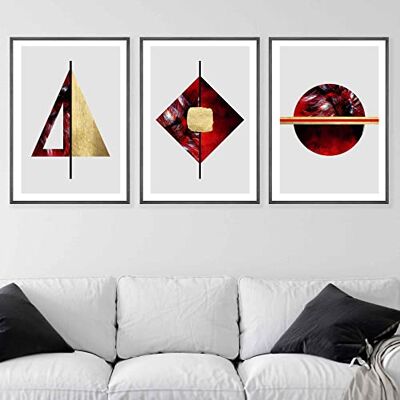 ARTZE Wall Art Graficzne kształty artystyczne wydruki ścienne 3-częściowy zestaw, rozmiar A2, czerwony/czarny/złoty ARTZE Wall Art Graficzne kształty artystyczne wydruki ścienne 3-częściowy zestaw, rozmiar A2, czerwony/czarny/złoty