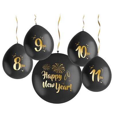 Folat 63766 zestaw balonów lateksowych w kolorze czarnym/złotym, HNY-33 cm i 61 cm-5 sztuk dekoracja sylwestrowa, impreza noworoczna, dekoracja sylwestrowa, Happy New Year, wielokolorowe Folat 63766 zestaw balonów lateksowych w kolorze czarnym/złotym, HNY-33 cm i 61 cm-5 sztuk dekoracja sylwestrowa, impreza noworoczna, dekoracja sylwestrowa, Happy New Year, wielokolorowe