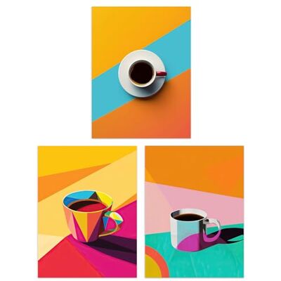 Artery8 Zestaw 3 kolorowych geometrycznych filiżanek do kawy z grafiką kuchenną 30 x 40 cm sztuka ścienna zestaw wydruków Artery8 Zestaw 3 kolorowych geometrycznych filiżanek do kawy z grafiką kuchenną 30 x 40 cm sztuka ścienna zestaw wydruków