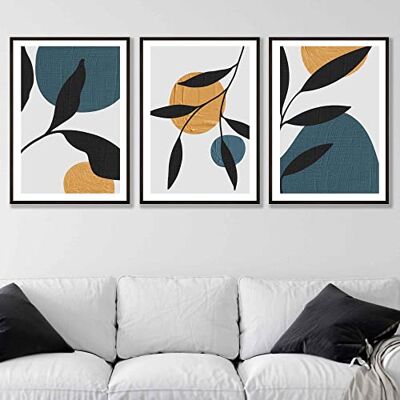 ARTZE Wall Art Czarny liść z niebieskimi i żółtymi teksturowanymi kształtami wydruki ścienne 3-częściowy zestaw, szerokość 50 cm x wysokość 70 cm ARTZE Wall Art Czarny liść z niebieskimi i żółtymi teksturowanymi kształtami wydruki ścienne 3-częściowy zestaw, szerokość 50 cm x wysokość 70 cm