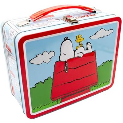 AQUARIUS Orzeszki ziemne Snoopy Red Dog House Fun Box, stabilne blaszane pudełko do przechowywania z plastikowym uchwytem i wytłoczoną przednią okładką, oficjalnie licencjonowane artykuły z orzeszków AQUARIUS Orzeszki ziemne Snoopy Red Dog House Fun Box, stabilne blaszane pudełko do przechowywania z plastikowym uchwytem i wytłoczoną przednią okładką, oficjalnie licencjonowane artykuły z orzeszków