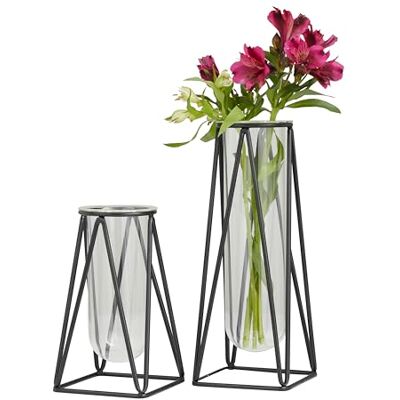 Deco 79 Szklany wazon dekoracyjny z metalowym stojakiem, zestaw 2 wazonów na kwiaty do dekoracji wnętrz 33 cm, 25 cm, wys., czarny Deco 79 Szklany wazon dekoracyjny z metalowym stojakiem, zestaw 2 wazonów na kwiaty do dekoracji wnętrz 33 cm, 25 cm, wys., czarny