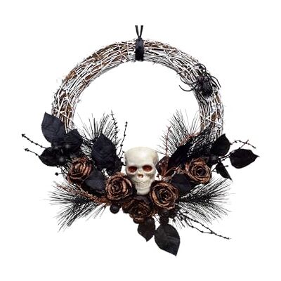 HEITMANN DECO Wieniec rattanowy na Halloween – stylowa dekoracja na imprezę z trupią czaszką, pająkami i różami – idealny do drzwi wejściowych i ogrodu – złoty, brązowy, czarny, 35 x 35 x 7 cm HEITMANN DECO Wieniec rattanowy na Halloween – stylowa dekoracja na imprezę z trupią czaszką, pająkami i różami – idealny do drzwi wejściowych i ogrodu – złoty, brązowy, czarny, 35 x 35 x 7 cm