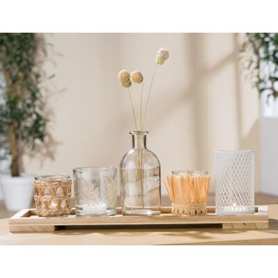 GILDE 6-częściowy zestaw upominkowy naturalny – dekoracyjny świecznik na podgrzewacze szklany z tacą mały wazon suszone kwiaty z drewnianą tacą 13 x 40 cm dekoracja stołu do salonu nowoczesna GILDE 6-częściowy zestaw upominkowy naturalny – dekoracyjny świecznik na podgrzewacze szklany z tacą mały wazon suszone kwiaty z drewnianą tacą 13 x 40 cm dekoracja stołu do salonu nowoczesna