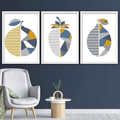 ARTZE Wall Art Geometryczny pomarańczowy truskawka cytryna owoc kuchnia sztuka ścienna wydruki 3-częściowy zestaw, 40 cm szerokości x 50 cm wysokości, żółty/niebieski/szary ARTZE Wall Art Geometryczny pomarańczowy truskawka cytryna owoc kuchnia sztuka ścienna wydruki 3-częściowy zestaw, 40 cm szerokości x 50 cm wysokości, żółty/niebieski/szary