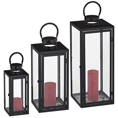 Relaxdays Zestaw 3 lampionów, dekoracyjne świeczniki do użytku na zewnątrz i wewnątrz, 3 rozmiary, nowoczesne, metalowe i szklane, czarne Relaxdays Zestaw 3 lampionów, dekoracyjne świeczniki do użytku na zewnątrz i wewnątrz, 3 rozmiary, nowoczesne, metalowe i szklane, czarne