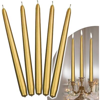Decoraparty 10 złotych świec, wys. 29 cm, długie, stożkowe złoto metaliczne eleganckie dekoracje woskowe na uroczystości, Nowy Rok, rocznicę, Boże Narodzenie, świecznik Decoraparty 10 złotych świec, wys. 29 cm, długie, stożkowe złoto metaliczne eleganckie dekoracje woskowe na uroczystości, Nowy Rok, rocznicę, Boże Narodzenie, świecznik