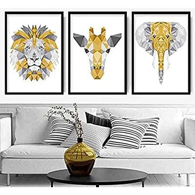ARTZE Wall Art Geometryczne główki dżungli żyrafa lew słoń sztuka wydruki 3-częściowy zestaw, 40 cm szerokości x 50 cm wysokości, żółty/szary ARTZE Wall Art Geometryczne główki dżungli żyrafa lew słoń sztuka wydruki 3-częściowy zestaw, 40 cm szerokości x 50 cm wysokości, żółty/szary