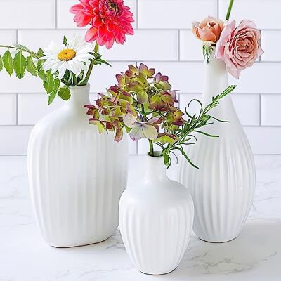 Kate Aspen Teksturowane, ceramiczne, minimalistyczne białe wazony (zestaw 3 szt.) – wazony boho na trawę pampasową, eukaliptusa, suche kwiaty i rośliny, dekoracja półki, dekoracja kominka, element centralny Kate Aspen Teksturowane, ceramiczne, minimalistyczne białe wazony (zestaw 3 szt.) – wazony boho na trawę pampasową, eukaliptusa, suche kwiaty i rośliny, dekoracja półki, dekoracja kominka, element centralny