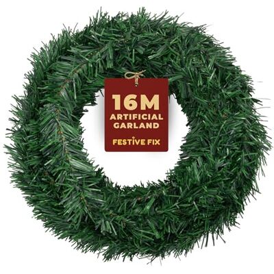 Festive Fix Girlanda bożonarodzeniowa, 16 m, realistyczna, nieoświetlona zielona girlanda świąteczna do dekoracji schodów, kominków, drzwi i okien, elastyczna, trwała dekoracja domu wakacyjnego do Festive Fix Girlanda bożonarodzeniowa, 16 m, realistyczna, nieoświetlona zielona girlanda świąteczna do dekoracji schodów, kominków, drzwi i okien, elastyczna, trwała dekoracja domu wakacyjnego do