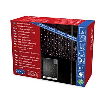 Konstsmide 3674-503 LED lodowy deszcz kurtyna świetlna z kolorowymi globesami/do użytku na zewnątrz (IP44) / transformator zewnętrzny 24 V / 200 kolorowych diod/przezroczysty kabel Konstsmide 3674-503 LED lodowy deszcz kurtyna świetlna z kolorowymi globesami/do użytku na zewnątrz (IP44) / transformator zewnętrzny 24 V / 200 kolorowych diod/przezroczysty kabel