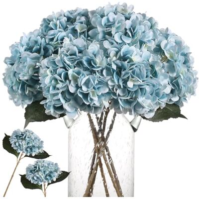 Kisflower Sztuczne kwiaty hortensji, 6 sztucznych niebieskich kwiatów na stół, jedwabne, z łodygami, do domu, dekoracja weselna Kisflower Sztuczne kwiaty hortensji, 6 sztucznych niebieskich kwiatów na stół, jedwabne, z łodygami, do domu, dekoracja weselna