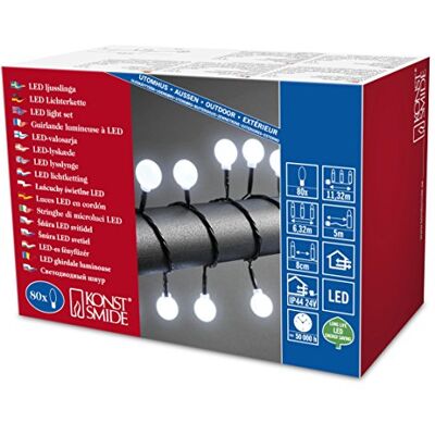Konstsmide 3696-207 LED łańcuch świetlny z dużymi okrągłymi diodami/do użytku na zewnątrz (IP44) / transformator zewnętrzny 24 V / 80 zimnych białych diod/czarny kabel Konstsmide 3696-207 LED łańcuch świetlny z dużymi okrągłymi diodami/do użytku na zewnątrz (IP44) / transformator zewnętrzny 24 V / 80 zimnych białych diod/czarny kabel