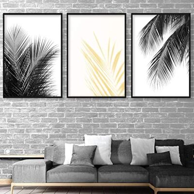 ARTZE Wall Art Botaniczne liście paproci palmowej 3-częściowy zestaw, 30 cm szerokości x 40 cm wysokości, czarny/żółty ARTZE Wall Art Botaniczne liście paproci palmowej 3-częściowy zestaw, 30 cm szerokości x 40 cm wysokości, czarny/żółty