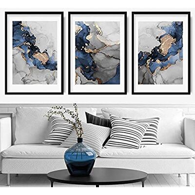ARTZE Wall Art Abstrakcyjny druk artystyczny, 3-częściowy zestaw, 30 cm szerokości x 40 cm wysokości, granatowy/szary/złoty ARTZE Wall Art Abstrakcyjny druk artystyczny, 3-częściowy zestaw, 30 cm szerokości x 40 cm wysokości, granatowy/szary/złoty