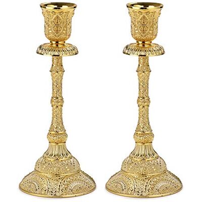 OwnMy Zestaw 2 świeczników stożkowych w stylu vintage, metalowe świeczniki, 18,8 cm, eleganckie mosiężne świeczniki, dekoracja, zestaw kandelabrów, na stół, dekoracja ślubna, dekoracja domu, złote OwnMy Zestaw 2 świeczników stożkowych w stylu vintage, metalowe świeczniki, 18,8 cm, eleganckie mosiężne świeczniki, dekoracja, zestaw kandelabrów, na stół, dekoracja ślubna, dekoracja domu, złote