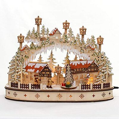 Dekohelden24 Drewniany łuk świetlny LED z ruchomą choinką, motyw: bałwanek i figurki wędrowne, dł./szer./wys. ok. 45 x 12 x 35 cm, do zasilania bateriami lub adapterem, 35 cm Dekohelden24 Drewniany łuk świetlny LED z ruchomą choinką, motyw: bałwanek i figurki wędrowne, dł./szer./wys. ok. 45 x 12 x 35 cm, do zasilania bateriami lub adapterem, 35 cm