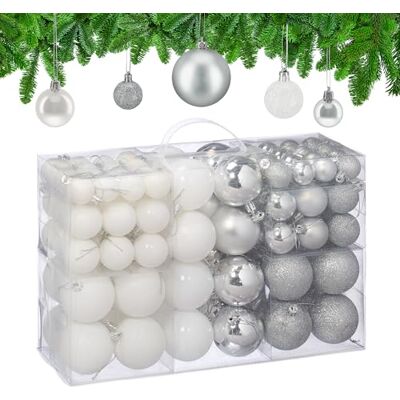 Relaxdays Bombki choinkowe, zestaw 100 sztuk, 3, 4 i 6 cm, dekoracyjne, błyszczące, błyszczące, srebrne/białe Relaxdays Bombki choinkowe, zestaw 100 sztuk, 3, 4 i 6 cm, dekoracyjne, błyszczące, błyszczące, srebrne/białe
