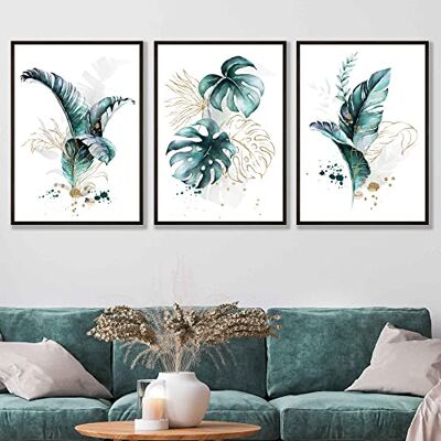 ARTZE Wall Art Tropikalne liście sztuka ścienna 3-częściowy zestaw, szerokość 30 cm x wysokość 40 cm, turkusowy niebieski ARTZE Wall Art Tropikalne liście sztuka ścienna 3-częściowy zestaw, szerokość 30 cm x wysokość 40 cm, turkusowy niebieski