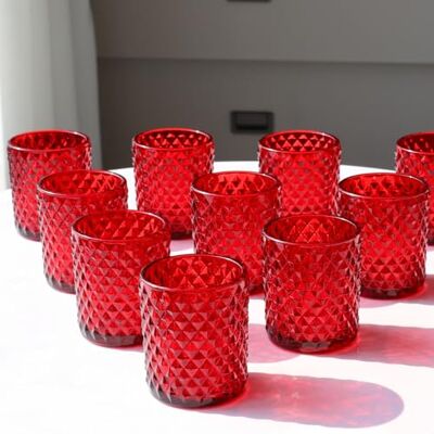 Woho Red Votive Candle Holders Bulk Set of 12, Glass Tea Lights Candle Holder for Wedding Table Centerpiece, Studded Diamond Tealight Candle Holder for Christmas Party Holiday Home Decor Woho Red Votive Candle Holders Bulk Set of 12, Glass Tea Lights Candle Holder for Wedding Table Centerpiece, Studded Diamond Tealight Candle Holder for Christmas Party Holiday Home Decor