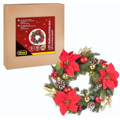 Idena 31902 – świąteczny wieniec LED z 15 diodami LED w kolorze ciepłej bieli, ok. 40 cm, wieniec adwentowy z ozdobami w kolorze czerwono-złotym, dekoracja świąteczna do wnętrz Idena 31902 – świąteczny wieniec LED z 15 diodami LED w kolorze ciepłej bieli, ok. 40 cm, wieniec adwentowy z ozdobami w kolorze czerwono-złotym, dekoracja świąteczna do wnętrz