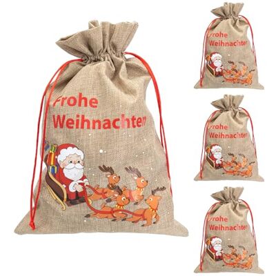Idena 90472 – świąteczne woreczki na prezenty ok. 30 x 40 cm, 4 sztuki, woreczki z motywem Świętego Mikołaja w saniach ciągniętych przez renifery i napisem „Wesołych Świąt” Idena 90472 – świąteczne woreczki na prezenty ok. 30 x 40 cm, 4 sztuki, woreczki z motywem Świętego Mikołaja w saniach ciągniętych przez renifery i napisem „Wesołych Świąt”