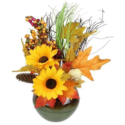 Flair Flower Sztuczny jesienny bukiet w doniczce ze słonecznikiem, pszenica, jagody, szyszki, jesienne, sztuczne kwiaty, dekoracja jesienna, liście, dekoracja stołu, element środkowy Flair Flower Sztuczny jesienny bukiet w doniczce ze słonecznikiem, pszenica, jagody, szyszki, jesienne, sztuczne kwiaty, dekoracja jesienna, liście, dekoracja stołu, element środkowy