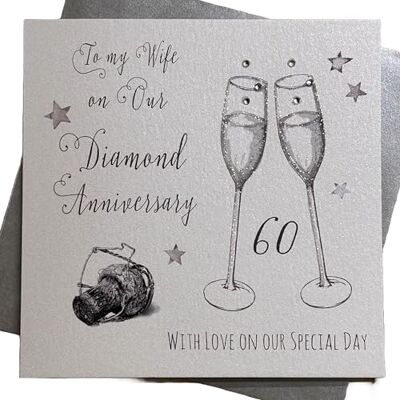 White Cotton Cards 'To My Wife On Our Diament' ręcznie wykonana karta na 60. rocznicę, WA60W White Cotton Cards 'To My Wife On Our Diament' ręcznie wykonana karta na 60. rocznicę, WA60W