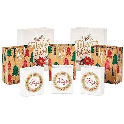 Hallmark Zrównoważone torby na prezenty (8 torebek: 3 małe 15 cm, 3 średnie 23 cm, 2 duże 33 cm) nadające się do recyklingu kraft z różowymi drzewkami, zimowe kwiaty "Wesołych Świąt", wieniec "Radość Hallmark Zrównoważone torby na prezenty (8 torebek: 3 małe 15 cm, 3 średnie 23 cm, 2 duże 33 cm) nadające się do recyklingu kraft z różowymi drzewkami, zimowe kwiaty "Wesołych Świąt", wieniec "Radość