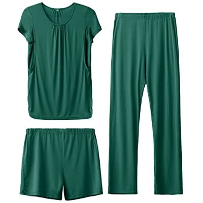 Nursing PJS-Dark Green-S SUNNYBUY 3-częściowy zestaw piżam dla kobiet w ciąży do karmienia, koszule do karmienia piersią z krótkim rękawem, szorty i spodnie ciążowe, ciemnozielony, S Nursing PJS-Dark Green-S SUNNYBUY 3-częściowy zestaw piżam dla kobiet w ciąży do karmienia, koszule do karmienia piersią z krótkim rękawem, szorty i spodnie ciążowe, ciemnozielony, S
