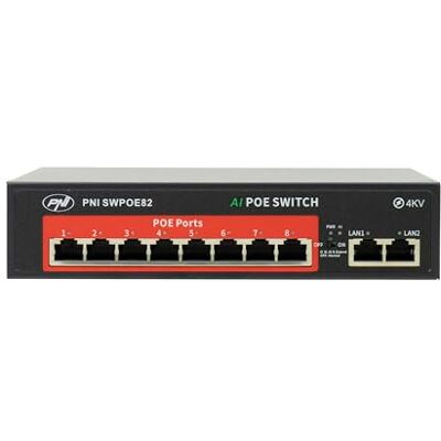 PNI Switch POE SWPOE82, 8 portów POE 100Mbps i 2 porty UP Link 100Mbps, 120W, funkcja AI Extend do 250m, ochrona odgromowa 4kV PNI Switch POE SWPOE82, 8 portów POE 100Mbps i 2 porty UP Link 100Mbps, 120W, funkcja AI Extend do 250m, ochrona odgromowa 4kV