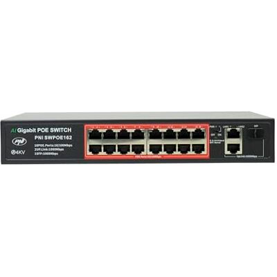 PNI Switch POE SWPOE162, 16 portów POE 100Mbps, 2 porty UP Link 1000Mbps, 1 port SFP 1000Mbps, 240W, funkcja AI Extend do 250m, ochrona odgromowa 4kV PNI Switch POE SWPOE162, 16 portów POE 100Mbps, 2 porty UP Link 1000Mbps, 1 port SFP 1000Mbps, 240W, funkcja AI Extend do 250m, ochrona odgromowa 4kV