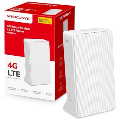 MERCUSYS MB110-4G Bezprzewodowy Router 4G LTE Prędkość pobierania do 150 Mb/s Wi-Fi 300 Mb/s (2,4 GHz) Obsługa do 32 urządzeń Slot Nano SIM Podwójne porty LAN Porty anten zewnętrznych MERCUSYS MB110-4G Bezprzewodowy Router 4G LTE Prędkość pobierania do 150 Mb/s Wi-Fi 300 Mb/s (2,4 GHz) Obsługa do 32 urządzeń Slot Nano SIM Podwójne porty LAN Porty anten zewnętrznych