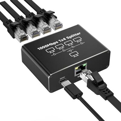 GlasFlength Rozdzielacz LAN, 1 na 4 1000 Mbps, rozdzielacz Ethernet, przełącznik LAN, 4 porty z kablem sieciowym USB typu C, Gigabit Ethernet Switch, kabel zasilający do komputerów, koncentratorów, GlasFlength Rozdzielacz LAN, 1 na 4 1000 Mbps, rozdzielacz Ethernet, przełącznik LAN, 4 porty z kablem sieciowym USB typu C, Gigabit Ethernet Switch, kabel zasilający do komputerów, koncentratorów,